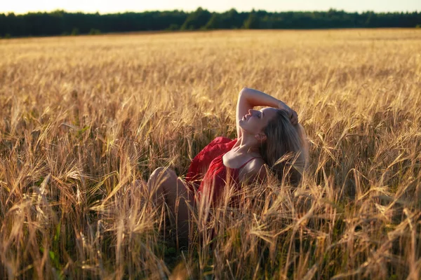 Blond Flicka Veteåker Solnedgången — Stockfoto