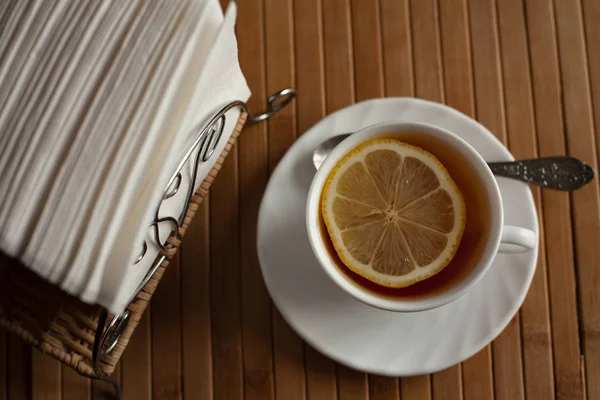 Still Life Tea Lemon Napkins — Stock Photo, Image