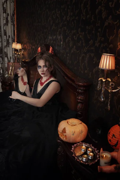 Girl Black Halloween Dress Devil Costume Red Horns — Stock Photo, Image