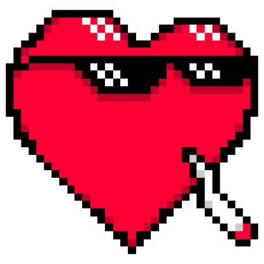 Red heart with meme glasses and joint (rolled marijuana cigarette). Thug life or Like a boss or Deal with it. Illustration created in the style of pixel art. Graphic element vector illustration clipart