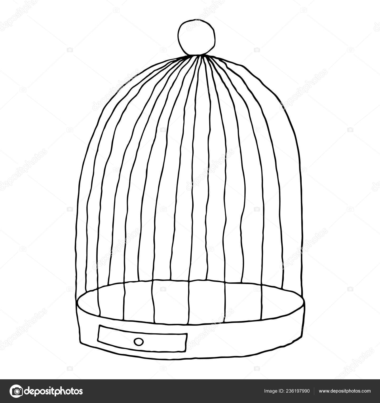 Cage Oiseaux Noirs Isolée Sur Fond Blanc Esquisse Dessin été