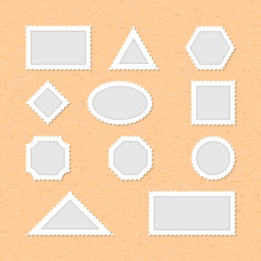 Boş posta pulları eski bej kağıtların arka planında. Posta pulu şablonu dikdörtgen, üçgen, altıgen, eşkenar dörtgen, elips, kare, sekizgen ve daire şekillerinin şeklidir..