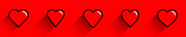 輪郭ストロークラインを持つ赤いハート型 医療アイコン 背景に孤立した愛のサイン 聖バレンタインデーのシンボルの饗宴 長い影のスタイルでフラットデザイン ベクターイラストグラフィック要素 — ストックベクタ