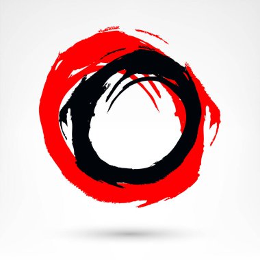 Çember fırça darbesi. Siyah ve kırmızı fırça darbesi. Grunge tarzında kirli doku. Fırça darbelerini beyaz arkaplanda izole et. Tasarım grafik ögesi EPS 'de bir vektör illüstrasyonu olarak kaydedilir
