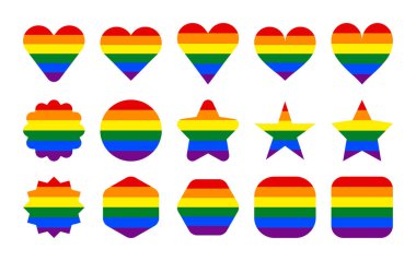 LGBT bayrağı. Çember, yıldız, altıgen, kalp, kare şekiller. LGBTQI Gurur Etkinliği, LBGT Gurur Ayı veya Gay Gurur Sembolü için gökkuşağı renklerinde işaretler kümesi. EPS dosya biçiminde vektör illüstrasyonu