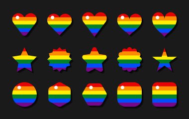 LGBT bayrağı. Çember, yıldız, altıgen, kalp, kare şekiller. LGBTQI Gurur Etkinliği, LBGT Gurur Ayı veya Gay Gurur Sembolü için gökkuşağı renklerinde işaretler kümesi. EPS dosya biçiminde vektör illüstrasyonu