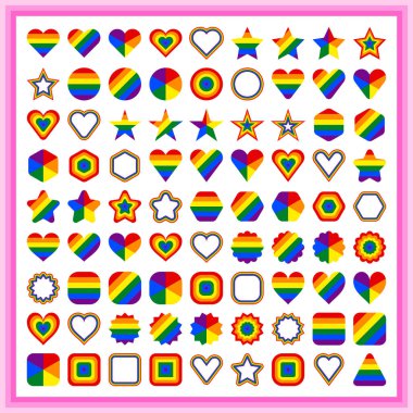 LGBT bayrak şekilleri. Çember formları, yıldız, altıgen, kalp, kare, üçgen. LGBTQI Gurur Etkinliği, LGBT Gurur Ayı veya Gay Gurur Sembolü 'nde kullanılacak gökkuşağı renkleri kümesi. Vektör illüstrasyonu