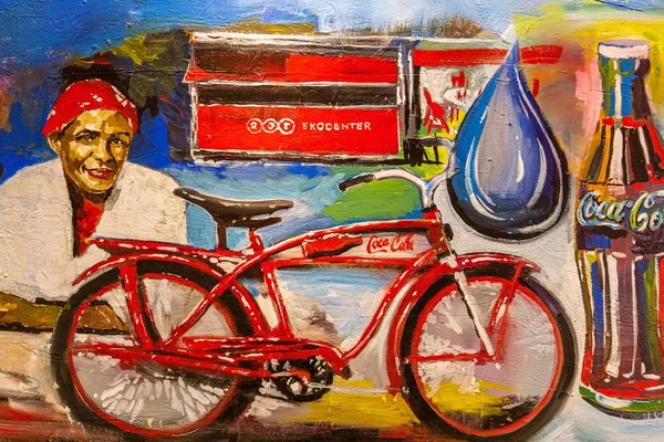 Mayıs 2019. Atlanta. Coca Cola Müzesi. Kırmızı arka planda eski tarz renkli. Sanat tasarımı.