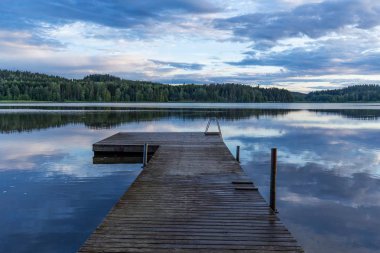Tarlalar, Finlandiya gölleri. Panoramik alan manzarası. Güzel doğa arkaplanı.