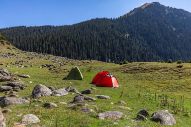 Kırgızistan Boğazı. Mavi. Dağ vadisi. Panoramik manzara. Park, açık hava..