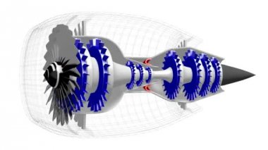 3d uçak / jet motoru (tel kafesli) - beyaz arka plan üzerinde. Mühendislik, uçak seyahati vb. konular için harika.