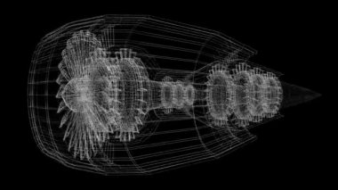 3D uçak / jet motoru (tel kafes) - siyah arka plan üzerine. Mühendislik gibi konular için büyük uçak vb seyahat.
