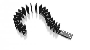 3D domino etkisi animasyon - soru işareti kavramı - kamera aşağıda. 