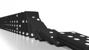 3d animasyon domino etkisi - beyaz noktalar, kamera takip siyah taşlarla düşüyor.