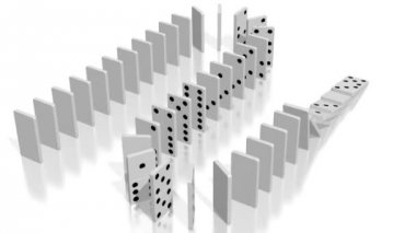 3d domino etkisi animasyon - siyah noktalar, kamera takip beyaz taşlarla düşüyor.