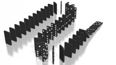 3d domino etkisi animasyon - siyah noktalar, kamera takip siyah taşlarla düşüyor.