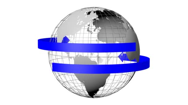 アニメーション レンダリング すべての大陸 ヨーロッパ アジア アフリカ 南アメリカ 北アメリカ オーストラリア 青い矢印が付いている地球 — ストック動画