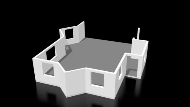 3D-s ház építési animáció, fekete háttér.