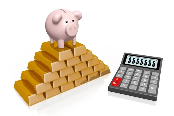 Calulador Piggy Bank Ouro Conceito Poupança — Fotografia de Stock