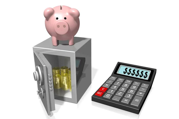 Piggy Bank Calculadora Cofre Ótimo Para Tópicos Como Bancos Economia — Fotografia de Stock