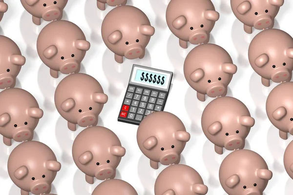 Piggybanks Calculadora Ideal Para Temas Como Ahorros Negocios Finanzas Contabilidad — Foto de Stock