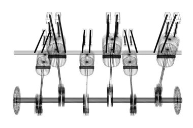 3D araba altı silindirli motor, tel kafes, beyaz arka plan