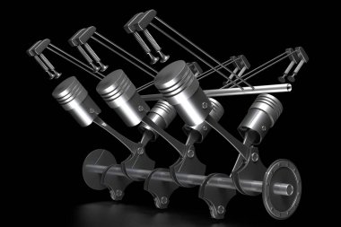 3D araba altı silindirli motor, siyah arka plan