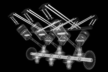 3D araba altı silindirli motor, tel kafes, siyah arka plan