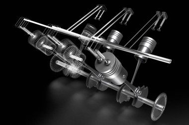 3D araba altı silindirli motor - katı ve tel kafes model, siyah arka plan