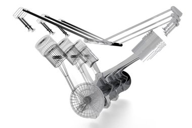 3D araba altı silindirli motor - katı ve tel kafes model, beyaz arka plan