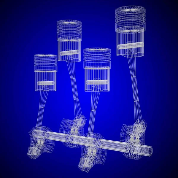 Four Cylinder Car Engine Blueprint Wireframe — Stock Photo, Image