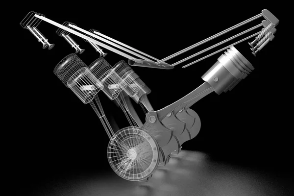 Шестицилиндровый Двигатель Автомобиля Твердая Проводная Модель Черный Фон — стоковое фото