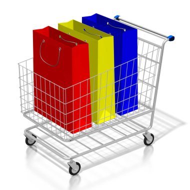 3D shopping cart, colorful shopping bags, white background.