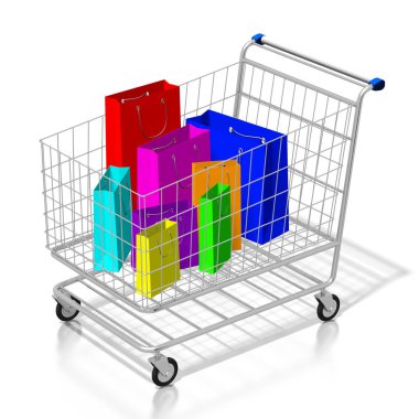 3D shopping cart, colorful shopping bags, white background.