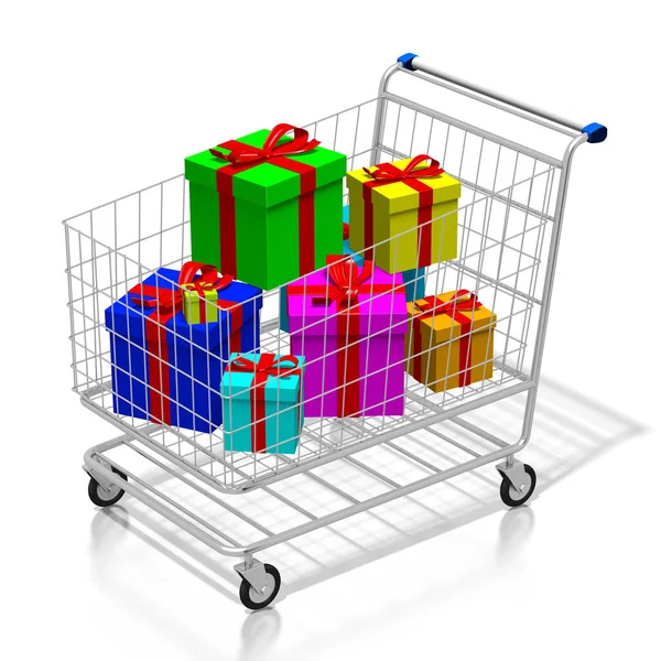 Carrito Compras Coloridas Cajas Regalo Ideal Para Temas Como Compra —  Fotos de Stock