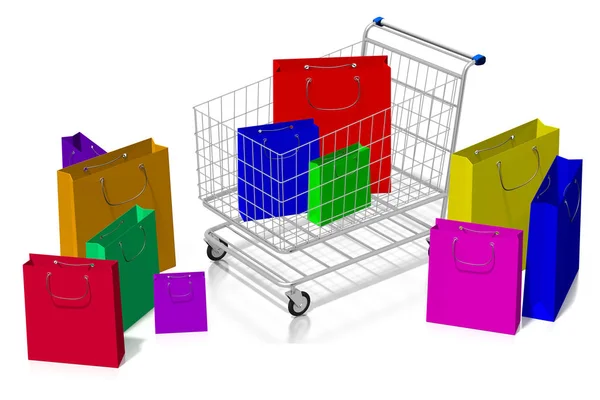Shopping Cart Colorful Shopping Bags White Background — Stok fotoğraf