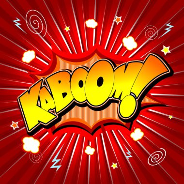 Kaboom illüstrasyon - sarı ve turuncu metin, kırmızı arka plan