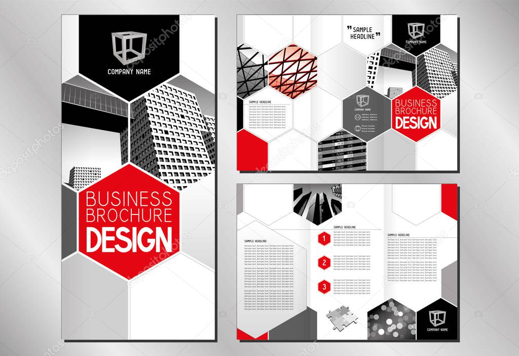 Business trifold brochure template (A4 to DL format) - modern office buildings/ skyscrapers; red graphics.