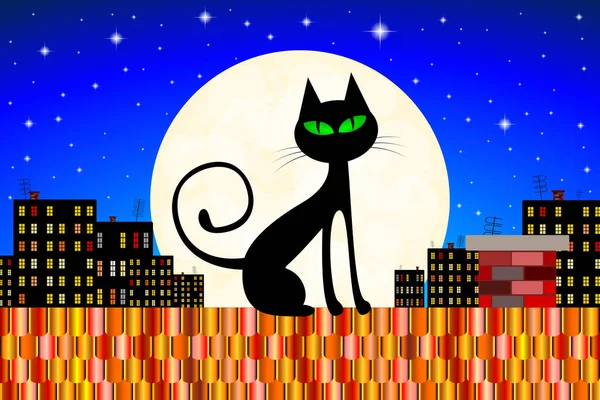 Ilustração Halloween Gato Preto Telhado — Fotografia de Stock