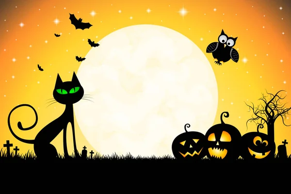 Halloween Karte Vorlage Mond Friedhof Fledermäuse Katze — Stockfoto