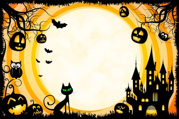Halloween card tempalte with moon, castle, bats, night, spider.