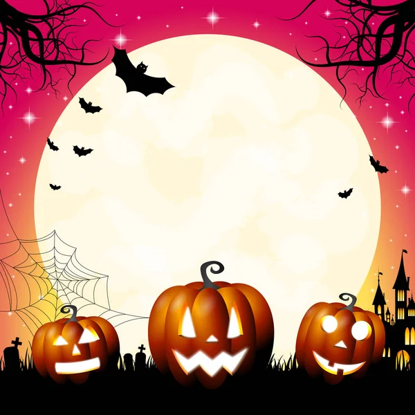 Halloween illustration with a pumkins, moon, bats.