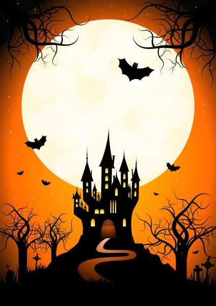 Poster Halloween Castello Luna Cimitero Pipistrelli Spazio Copia — Foto Stock