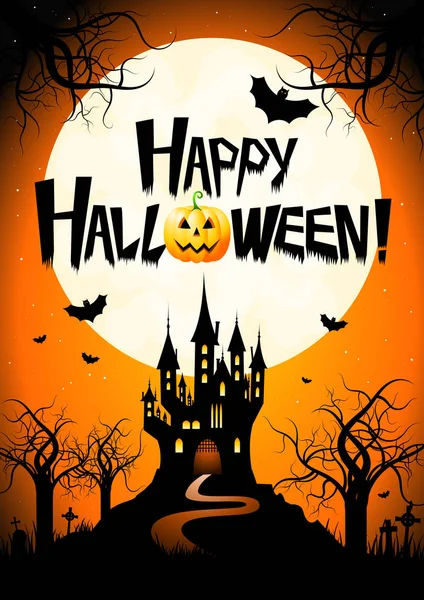 Halloween poster - castle, moon, cemetery, bats.