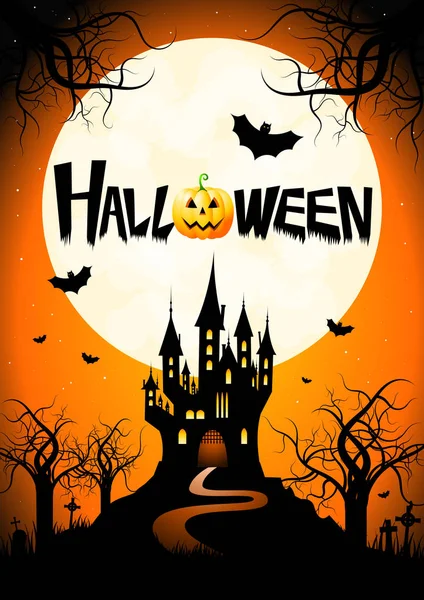Halloween poster - castle, moon, cemetery, bats.