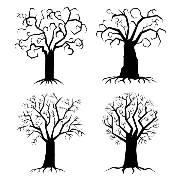 Dört Ağaç Ürkütücü Ağaç Şekilleri Beyaz Arka Plan Üzerinde Siyah — Stok fotoğraf
