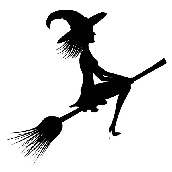 Witch Sitting Broom Black Silhouette White Background — Stock Photo, Image