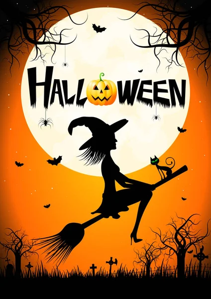 Cartaz Halloween Com Uma Bruxa Lua Cemitério — Fotografia de Stock