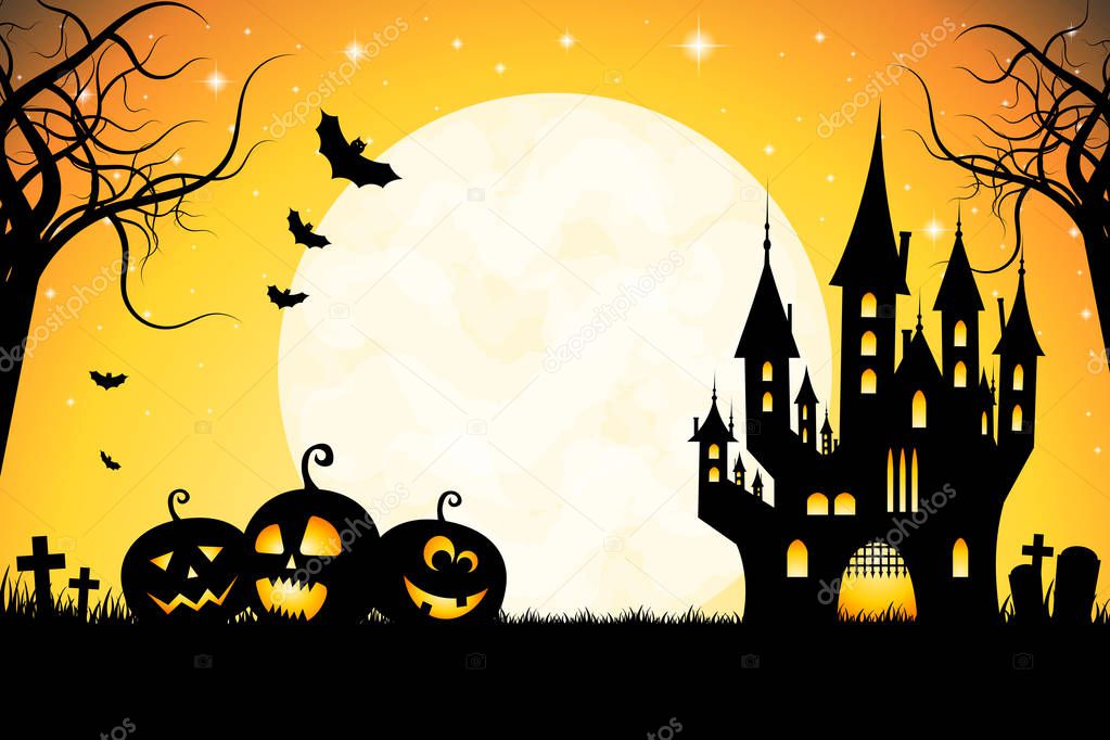 Halloween card tempalte with moon, castle, bats, night
