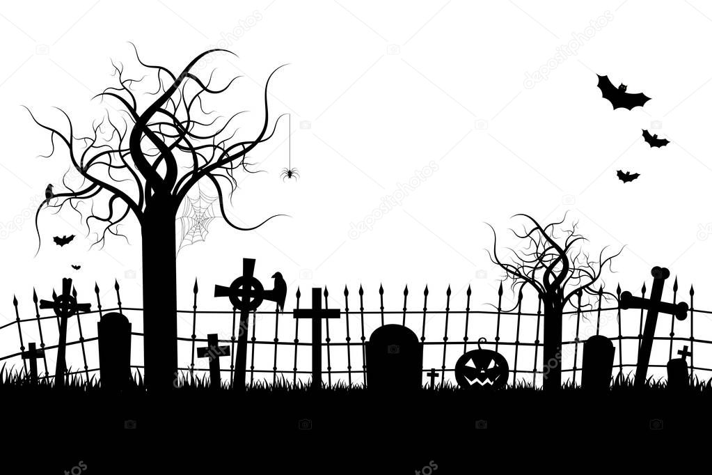 Halloween illustration with a cemetery - black and white illustration.